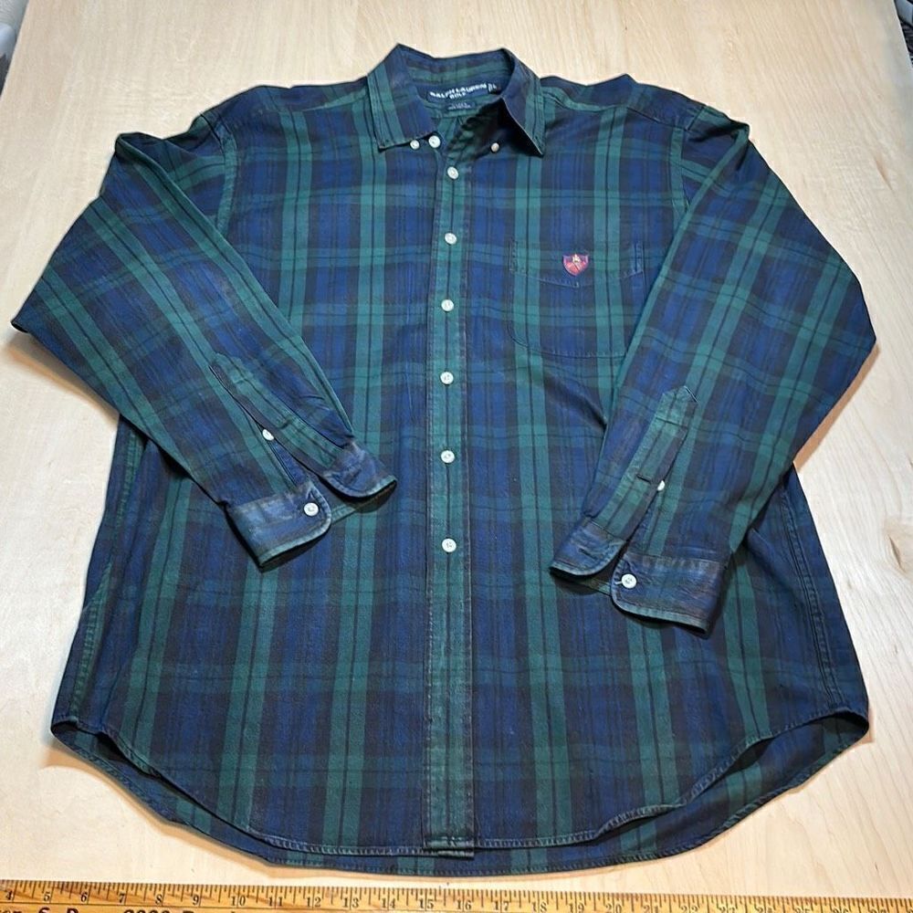 Ralph Lauren Golf Tilden Green Blue Plaid Tartan Shirt | Large